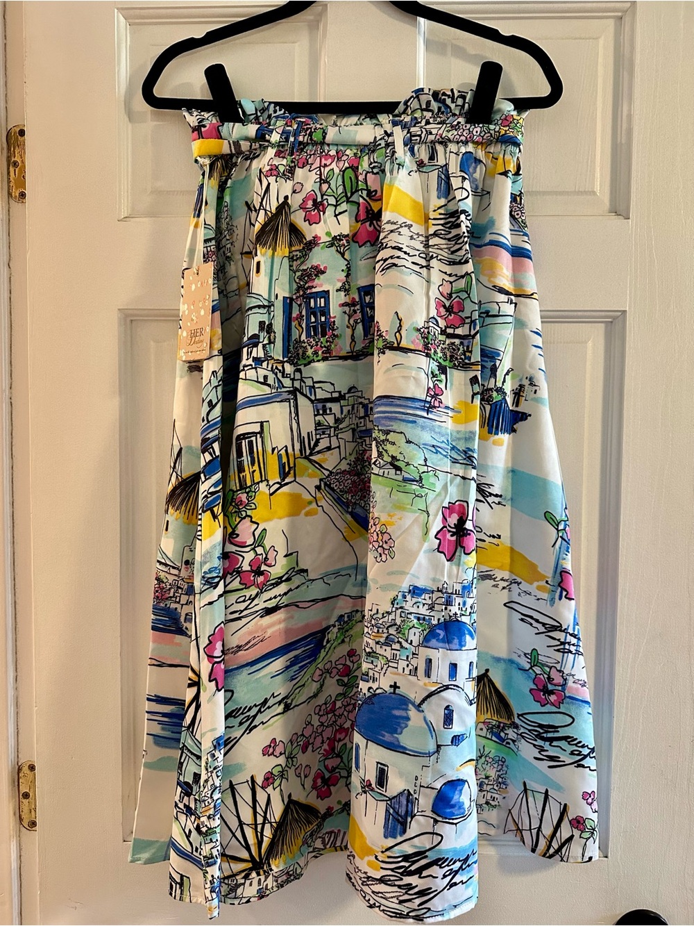 Her Destiny Scenic Mediterranean Santorini Tie Waist Midi Skirt BNWT Size Small - Picture 2 of 7